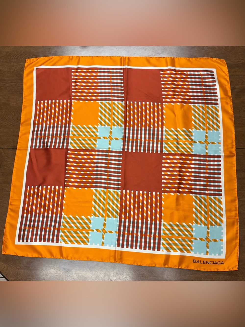 Vintage Balenciaga Orange, Rust & Pale Blue Plaid Silk Scarf